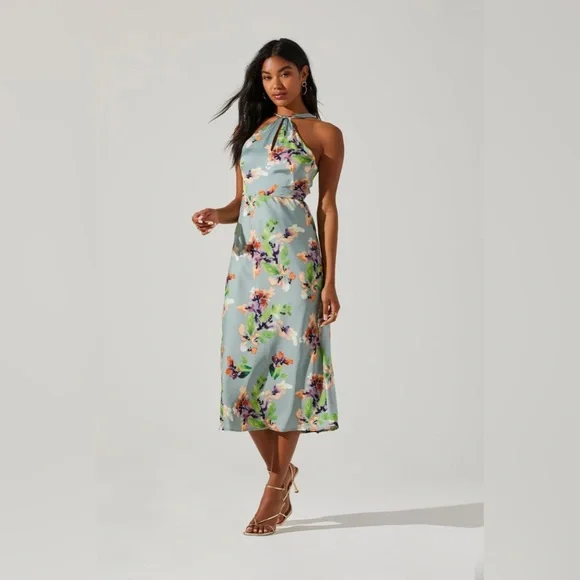 slim fit dress slacks Audette Teal Floral Halter Midi Dress main image 0